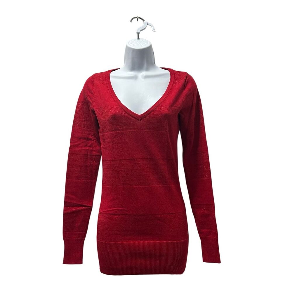 GUESS Red Metallic Stripe V Neck Tunic Sweater Women S Holiday Y2K